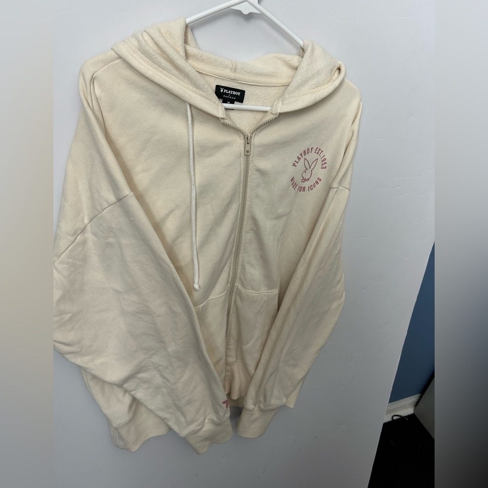 Playboy Cream Zip-Up Hoodie with Pink Logo - Picture 2 of 6